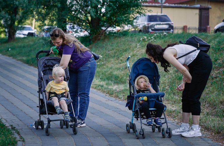 a woman pushing a stroller with two children in it